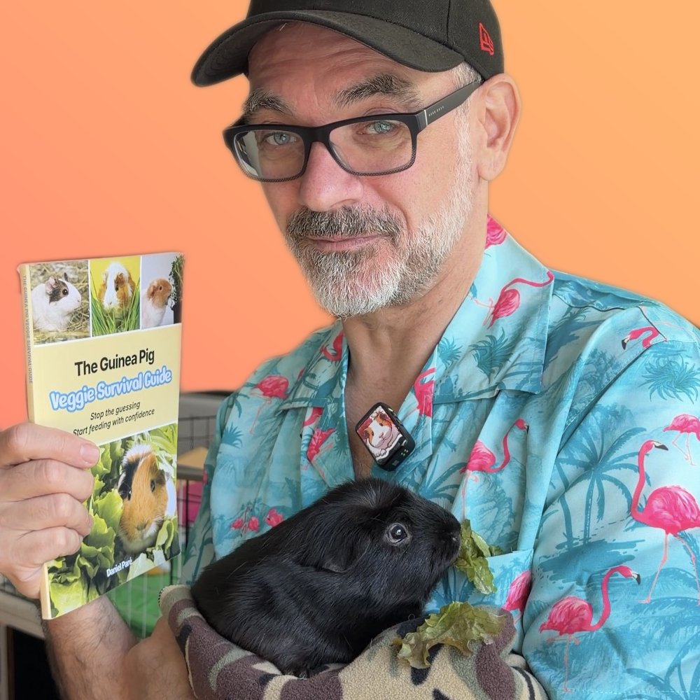 Daniel holding a black guinea pig and his book, The Guinea Pig Veggie Survival Guide